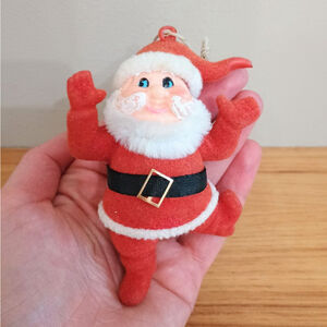 Vintage Mini Flocked Happy Dancing Santa Ornament Blow Mold PVC Face READ